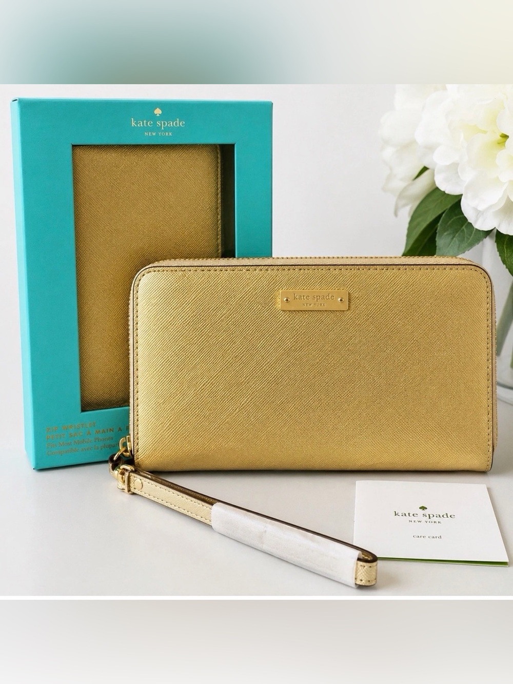 Kate Spade Saffiano Metallic Zip Wristlet Wallet / Phone Case in Gold (no box)